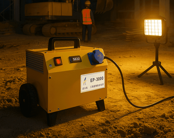 The EP-3000 portable power generator providing energy to a construction site floodlight, with an excavator and worker visible in the background, highlighting its use in nighttime construction tasks.