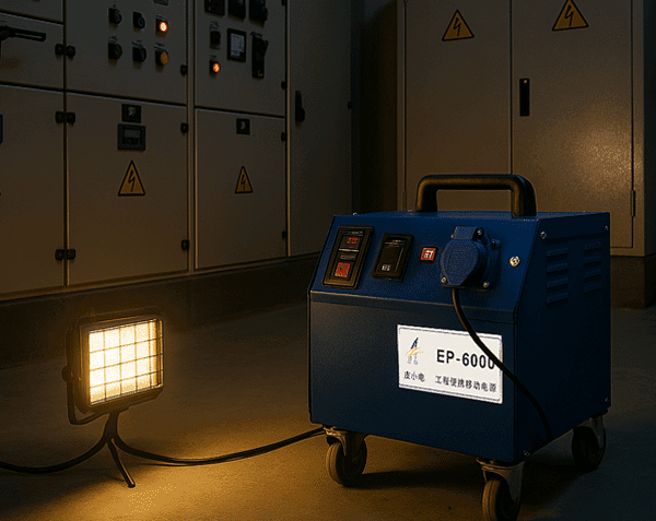 The EP-6000 portable power unit providing energy to a floodlight on a construction site, with electrical panels in the background.