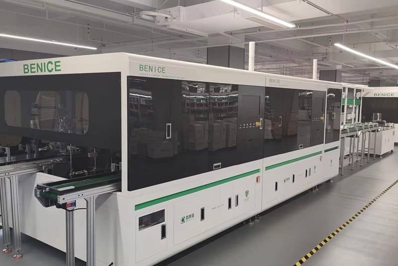 Automated soft pack lithium battery manufacturing machine at Peka Power facility