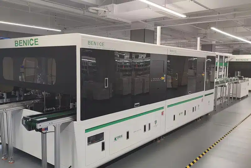 Automated soft pack lithium battery manufacturing machine at Peka Power facility