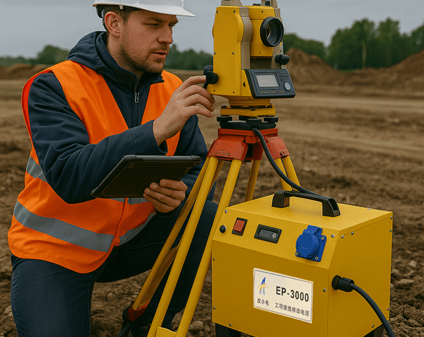 A surveyor using a tablet and total station for site measurement, powered by the EP-3000 portable power unit placed nearby on a construction site.