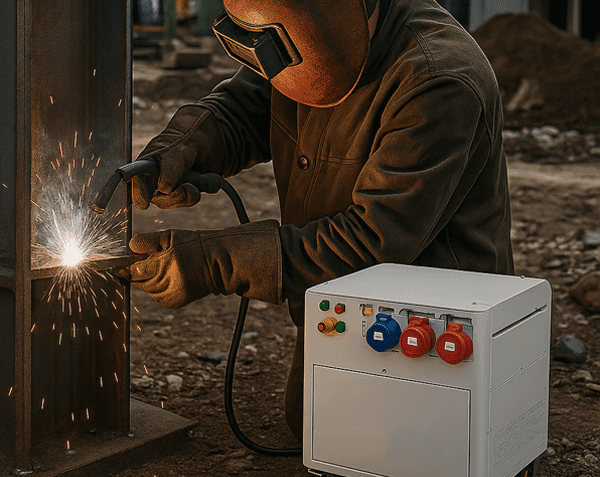 A worker welding a metal structure on a construction site with sparks flying, using a portable power unit to power the welding equipment.