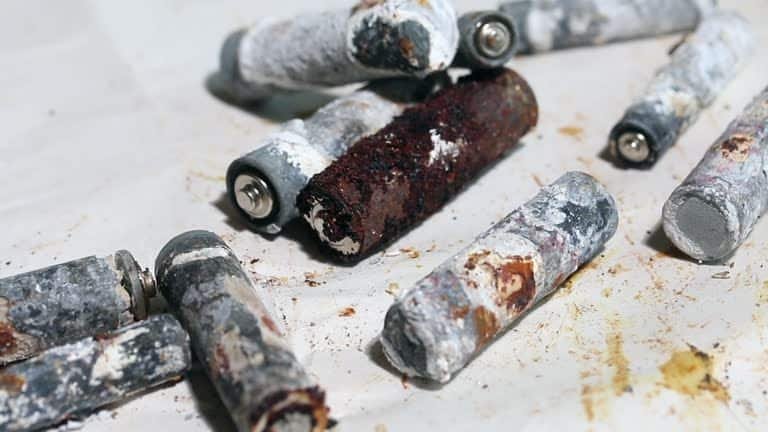 Multiple AA batteries showing extreme leakage and corrosion damage