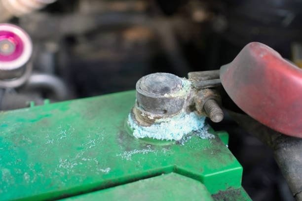 Greenish corrosion caused by battery acid leaking from a car battery