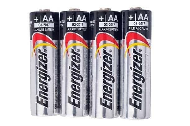 Four Energizer AA batteries aligned for 12V battery pack setup