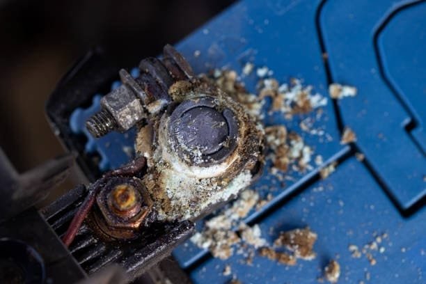 Severe acid corrosion on battery terminal of a blue car battery
