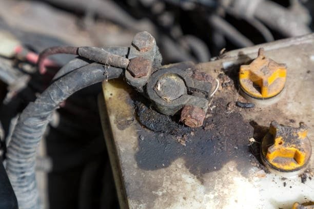 Close-up of severe corrosion and leak around car battery terminal