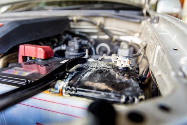 Battery acid leak causing visible damage inside a car engine bay