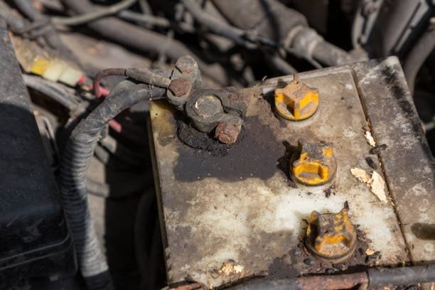 Corroded battery terminal with visible acid leakage on a leaky car battery