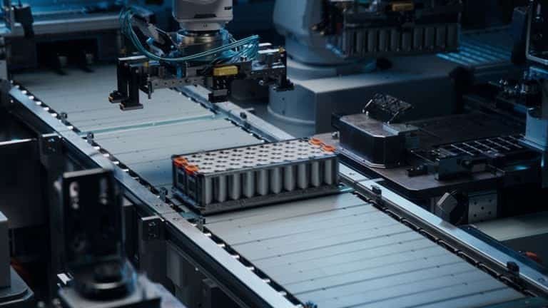 Lithium-ion battery modules on automated assembly line during production