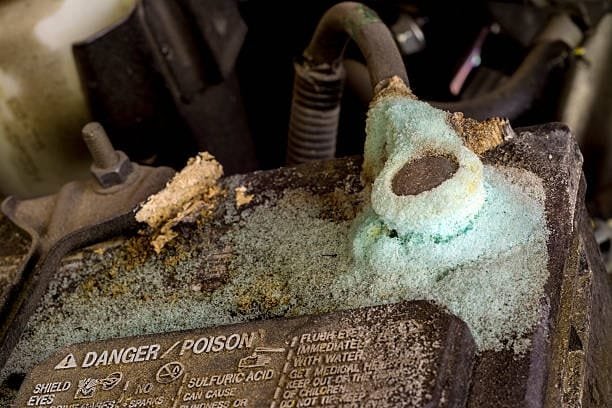 Severe blue-green corrosion buildup covering car battery terminal and casing