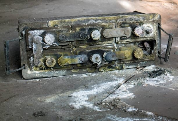 Old car battery with extreme corrosion and acid leak damage