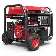 Red and black 10,000-watt portable generator with outlets and fuel tank.