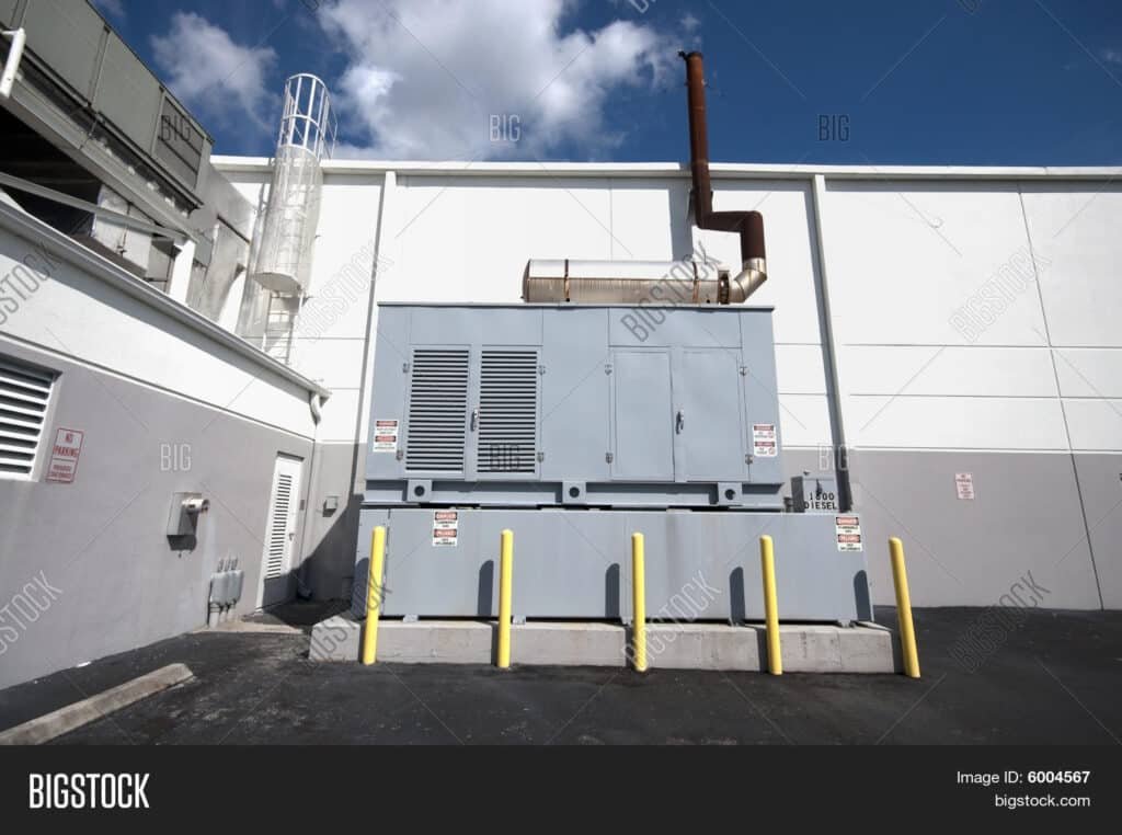 Outdoor diesel generator installed to supply kilowatts of electricity to a house during outages.