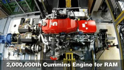 Cummins diesel engine on assembly line celebrating 2,000,000 units produced for RAM pickups.