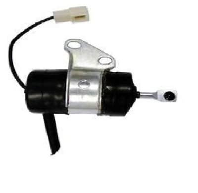 Diesel engine fuel shut off solenoid with mounting bracket and wiring connector.