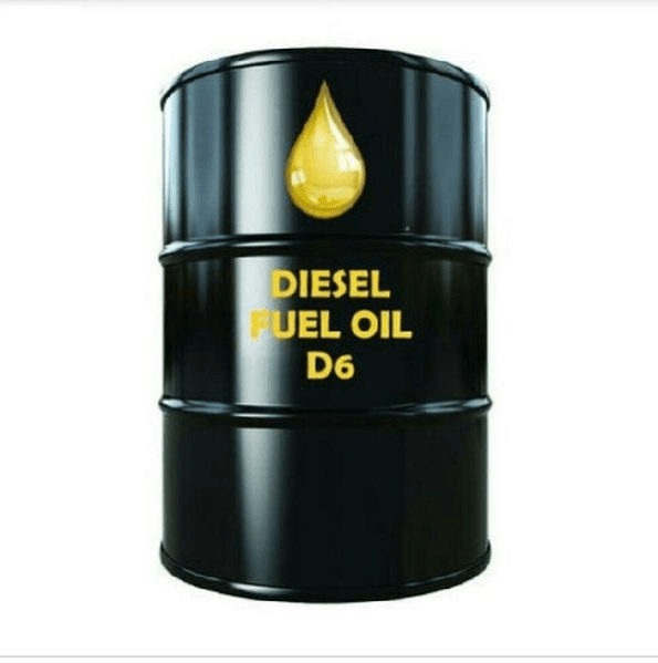 Industrial black barrel container marked Diesel Fuel Oil D6 for storage and supply.