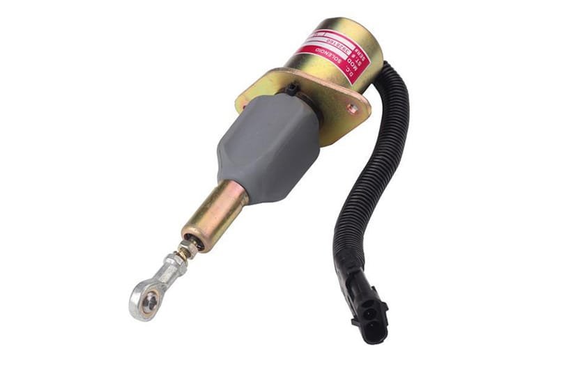Diesel solenoid actuator with metal plunger and wiring harness for automatic engine shut down.