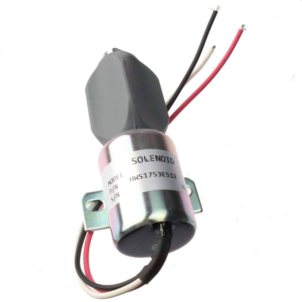 Diesel fuel shut off solenoid spare part with three-wire connection for engine fuel control.