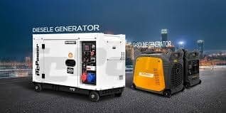 Side-by-side image of a diesel generator and gasoline generators, highlighting their size and application differences.