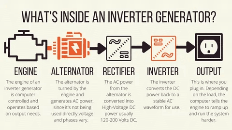 Step by step diagram of inverter generator process including engine, alternator, rectifier, inverter, and AC output