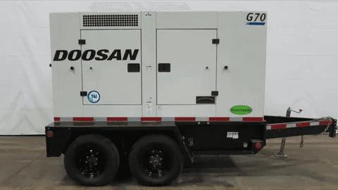 Doosan Tier 4 generator on a trailer designed for portable power with EPA-compliant low-emission technology.