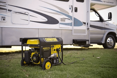 Champion generator connected to an RV for running multiple appliances during camping.