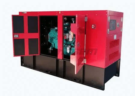 Diesel generator enclosure opened to reveal internal engine and components for inspection