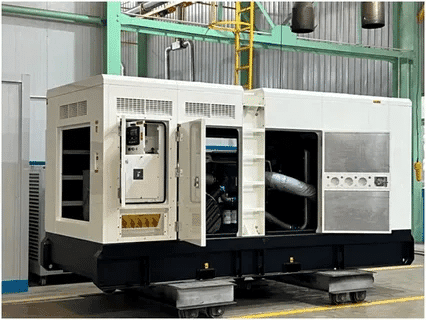 Industrial Tier 4 generator with open access doors inside a manufacturing facility for inspection and maintenance.