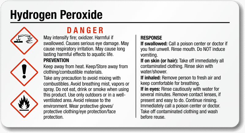 Hazard warning label showing safety information for fuels including oxidizer, fire risk, and handling instructions.