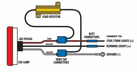 Circuit diagram of resistor load bank wiring with LED lamp, resistors, and connectors