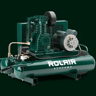 Green Rolair Systems air compressor with high-performance motor and large capacity tank.