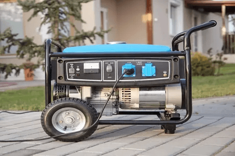 Blue compact generator on a driveway used for powering small home appliances.