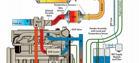 Diagram of Tier 4 generator emission control showing EGR, DPF, SCR, and DEF systems used to reduce NOx and particulate matter.