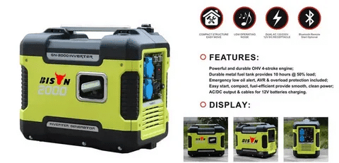 Bison 2000 watt inverter generator showing features like fuel efficiency and clean power output.