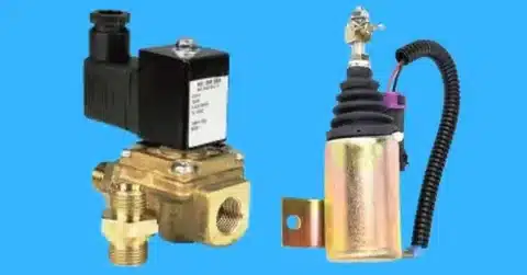 Side-by-side view of a brass mechanical fuel shut-off solenoid and an electric diesel fuel shut-off solenoid.