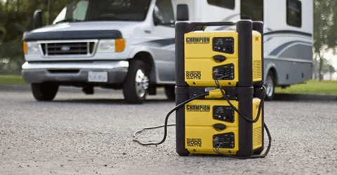Two Champion 2000 watt inverter generators stacked together to power RV appliances.
