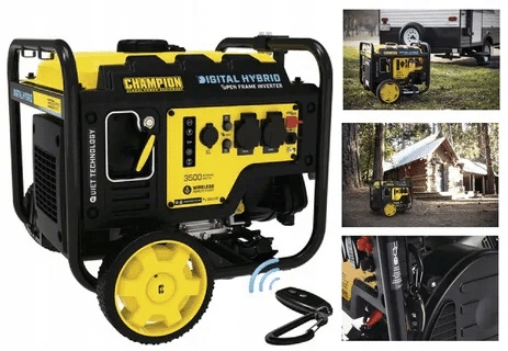 Yellow and black Champion 3500 watt digital hybrid inverter generator used for RVs, cabins, and outdoor power needs.