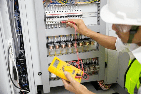 Electrical technician using a digital multimeter to test and inspect circuit breaker performance