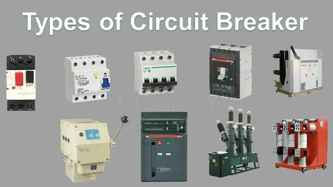 Examples of circuit breaker types including MCB, MCCB, ACB, and vacuum circuit breakers