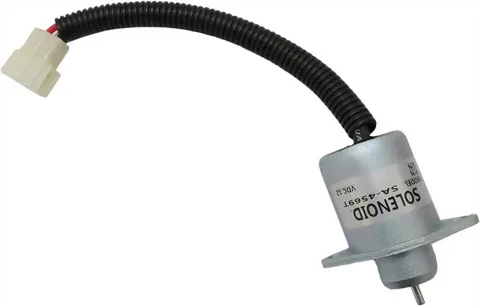 Fuel shut-off solenoid for diesel engines featuring a curved wiring harness.