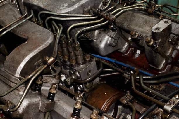 Detailed view of a diesel engine’s fuel injection pump used for starting after fuel starvation.
