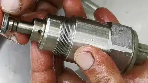 Close-up view of a disassembled fuel shut-off solenoid plunger during bypass procedure.