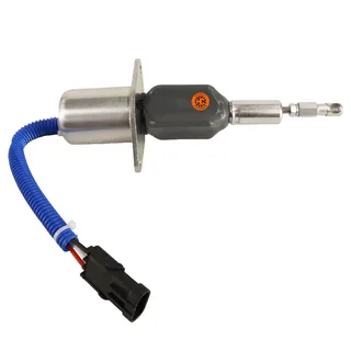 Diesel engine electric fuel shut-off solenoid with blue wiring harness for controlling fuel flow.