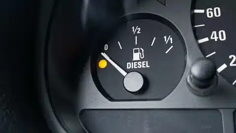 Diesel fuel gauge on empty, indicating the need for refueling before starting the engine.