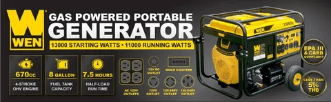 Gas powered portable generator with starting and running watts details
