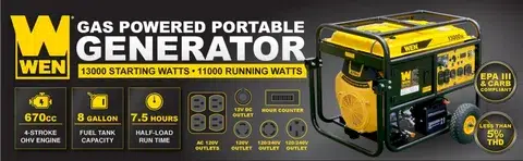 Gas powered portable generator with starting and running watts details