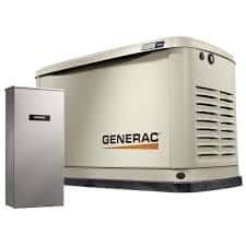 Generac standby generator with transfer switch for automatic home power backup during outages.