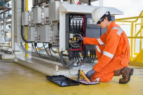 Worker conducting generator electrical testing for NFPA 110 compliance