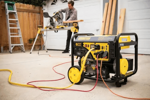 7500 watt generator powering saw and tools at home garage